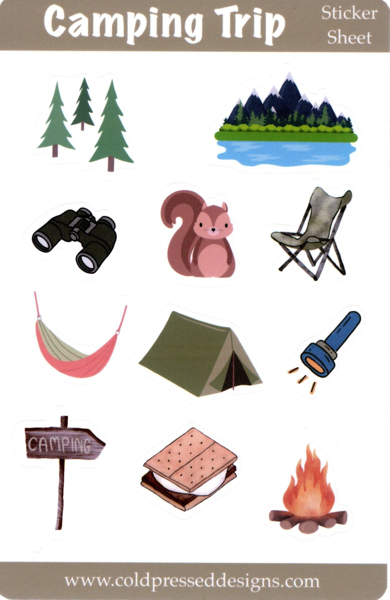 Sticker sheet with camping related pictures for journaling