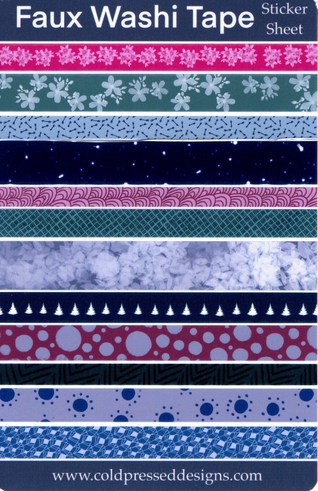A sticker sheet with colorful faux washi tape strips.