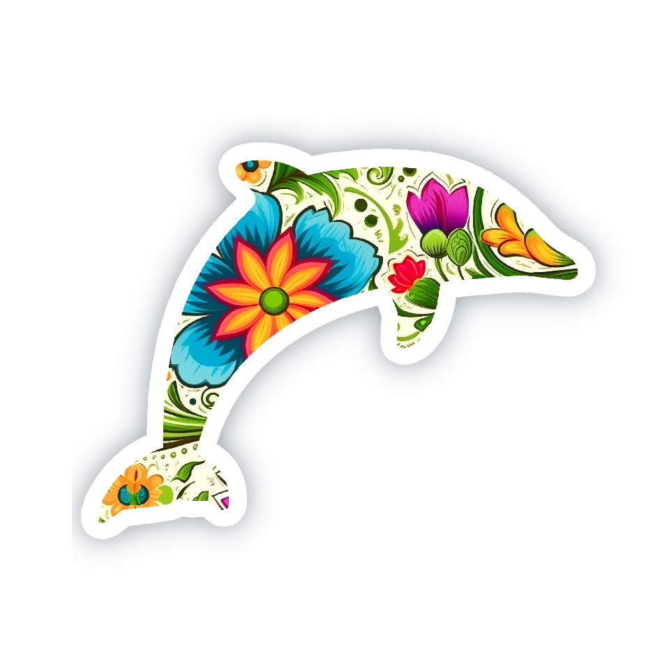 Vinyl Sticker; Floral Dolphin Silhouette, 3X2.25"+