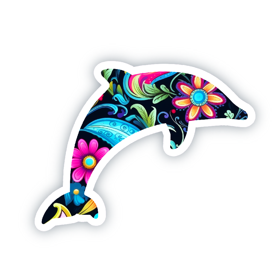 Vinyl Sticker; Floral Dolphin Silhouette, 3X2.25"+