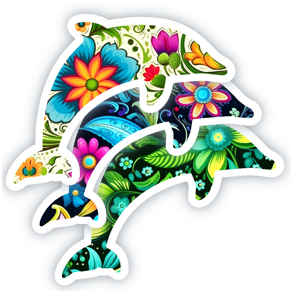Vinyl Sticker; Floral Dolphin Silhouette, 3X2.25"+