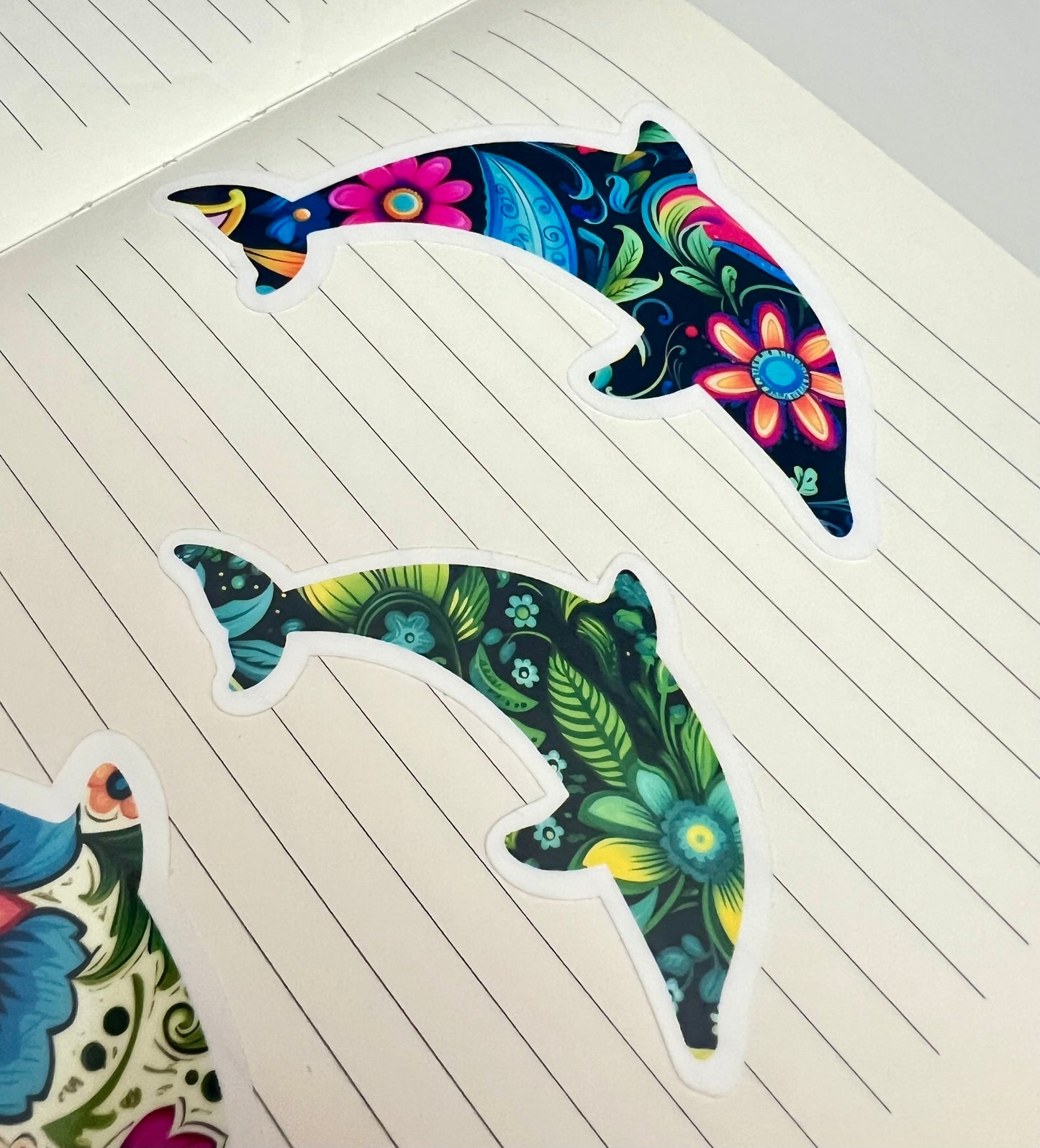 Vinyl Sticker; Floral Dolphin Silhouette, 3X2.25"+