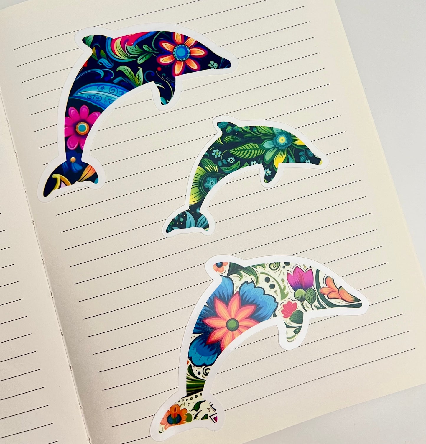 Vinyl Sticker; Floral Dolphin Silhouette, 3X2.25"+