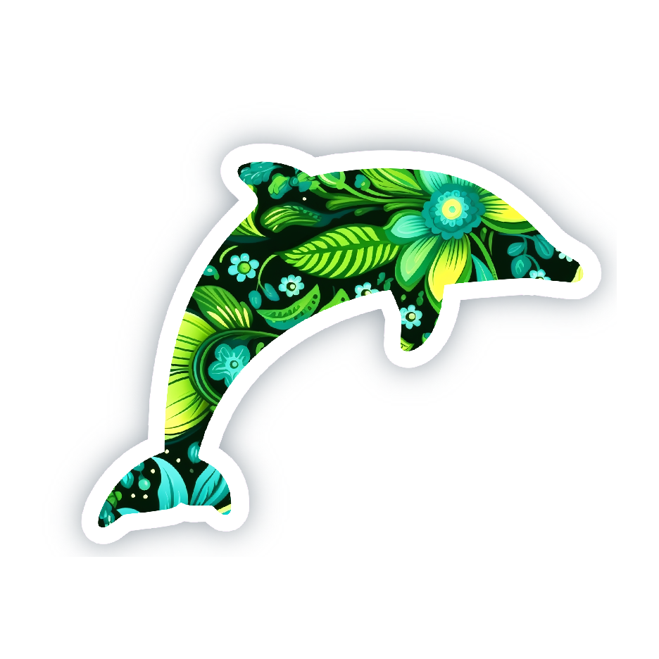 Vinyl Sticker; Floral Dolphin Silhouette, 3X2.25"+