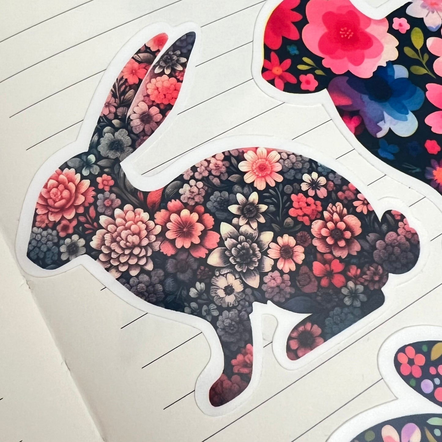Vinyl Sticker; Floral Rabbit Silhouette, 3X2.75"+