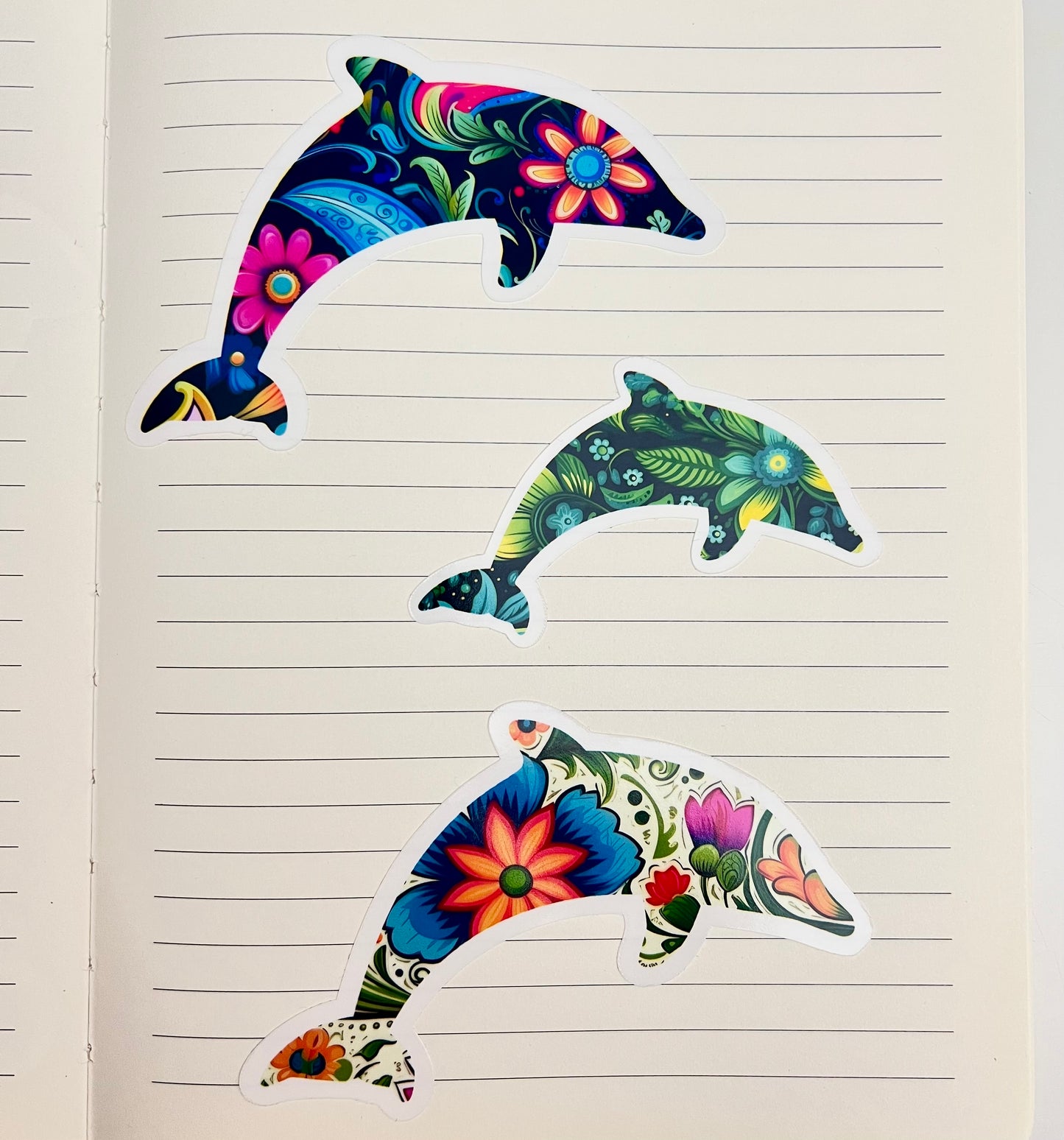 Vinyl Sticker; Floral Dolphin Silhouette, 3X2.25"+