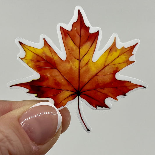 Vinyl Sticker; Red and Yellow Watercolor Leaf, 2.5X2.2"