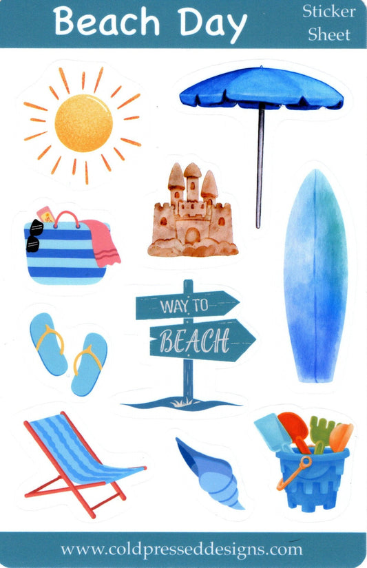 A sticker sheet with items you'd see at the beach for journaling