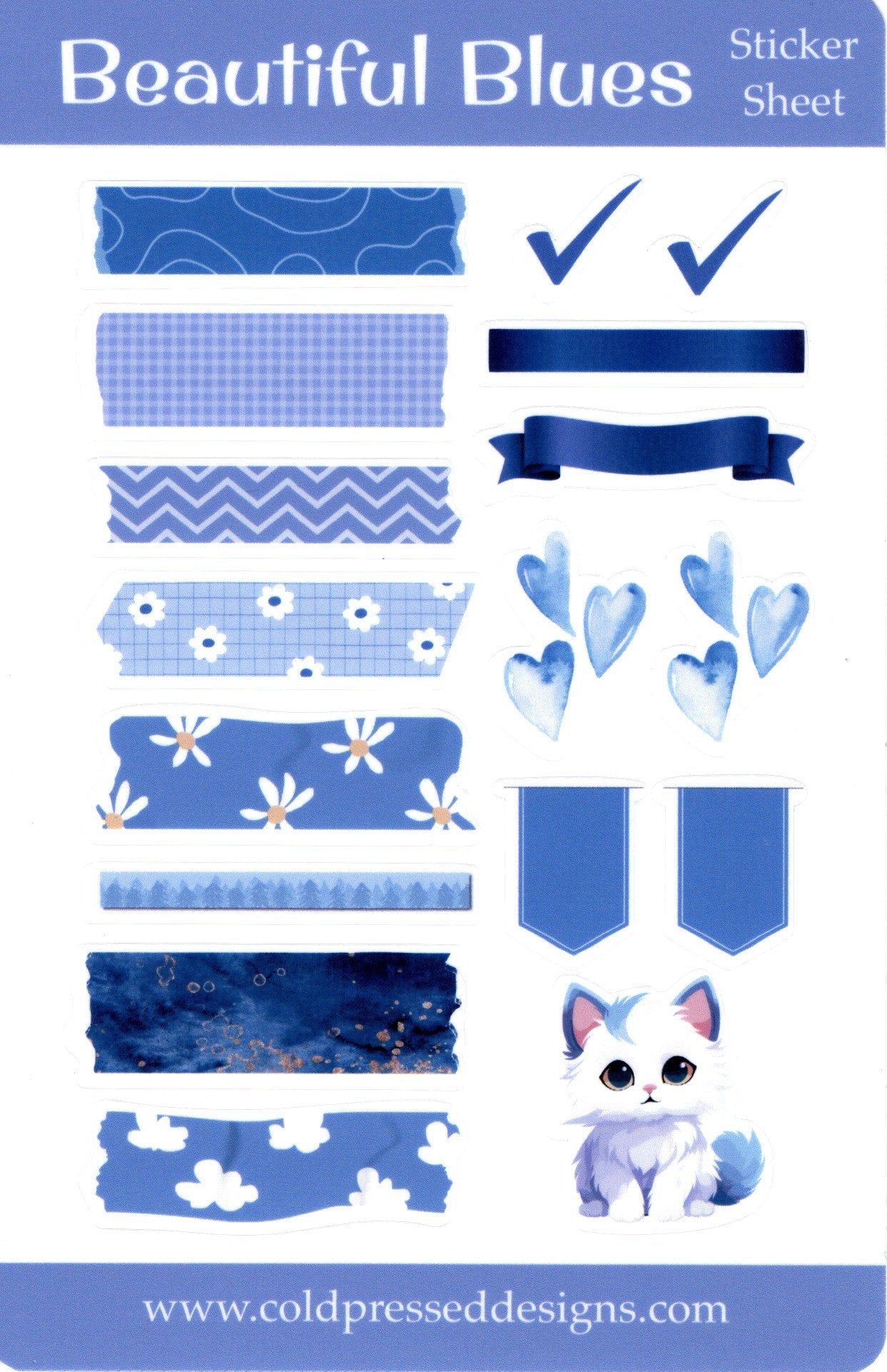 Sticker sheet of blue toned stickers for journaling