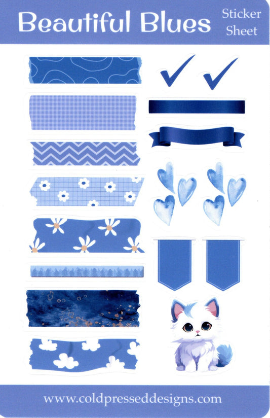 Sticker sheet of blue toned stickers for journaling