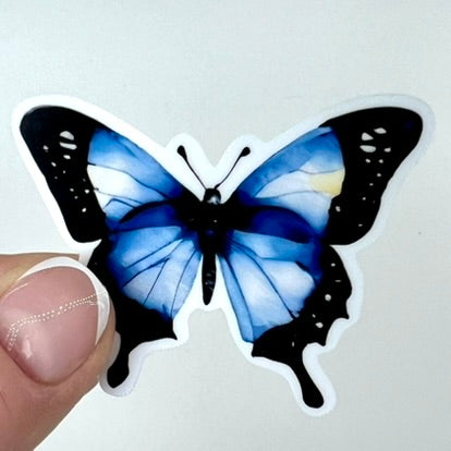 Vinyl Sticker; Blue Watercolor Butterfly, 2.5X1.9"