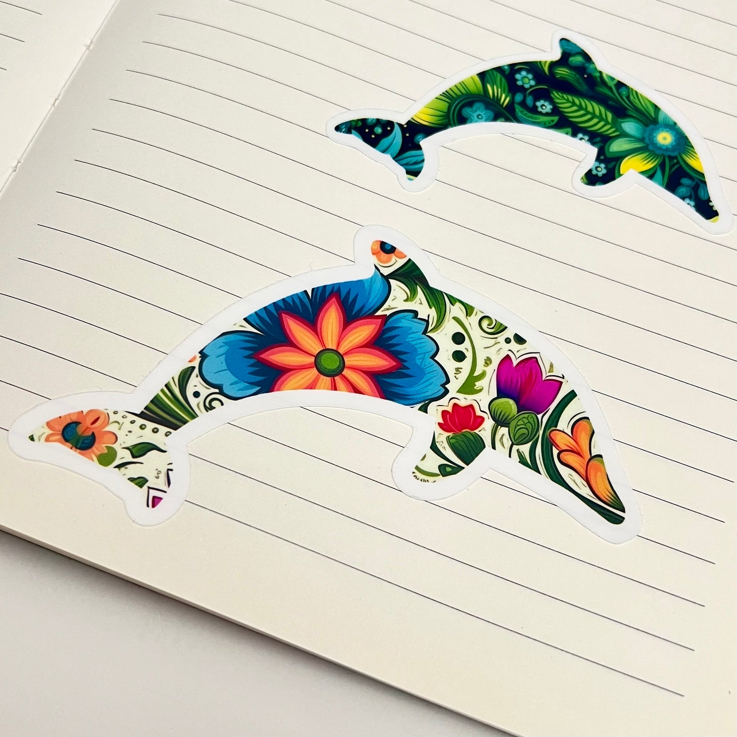 Vinyl Sticker; Floral Dolphin Silhouette, 3X2.25"+