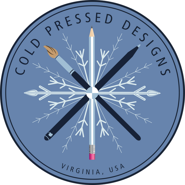 Logo for Cold Pressed Designs in Virginia, USA depicting a snowflake, paintbrush, stylus and pencil.