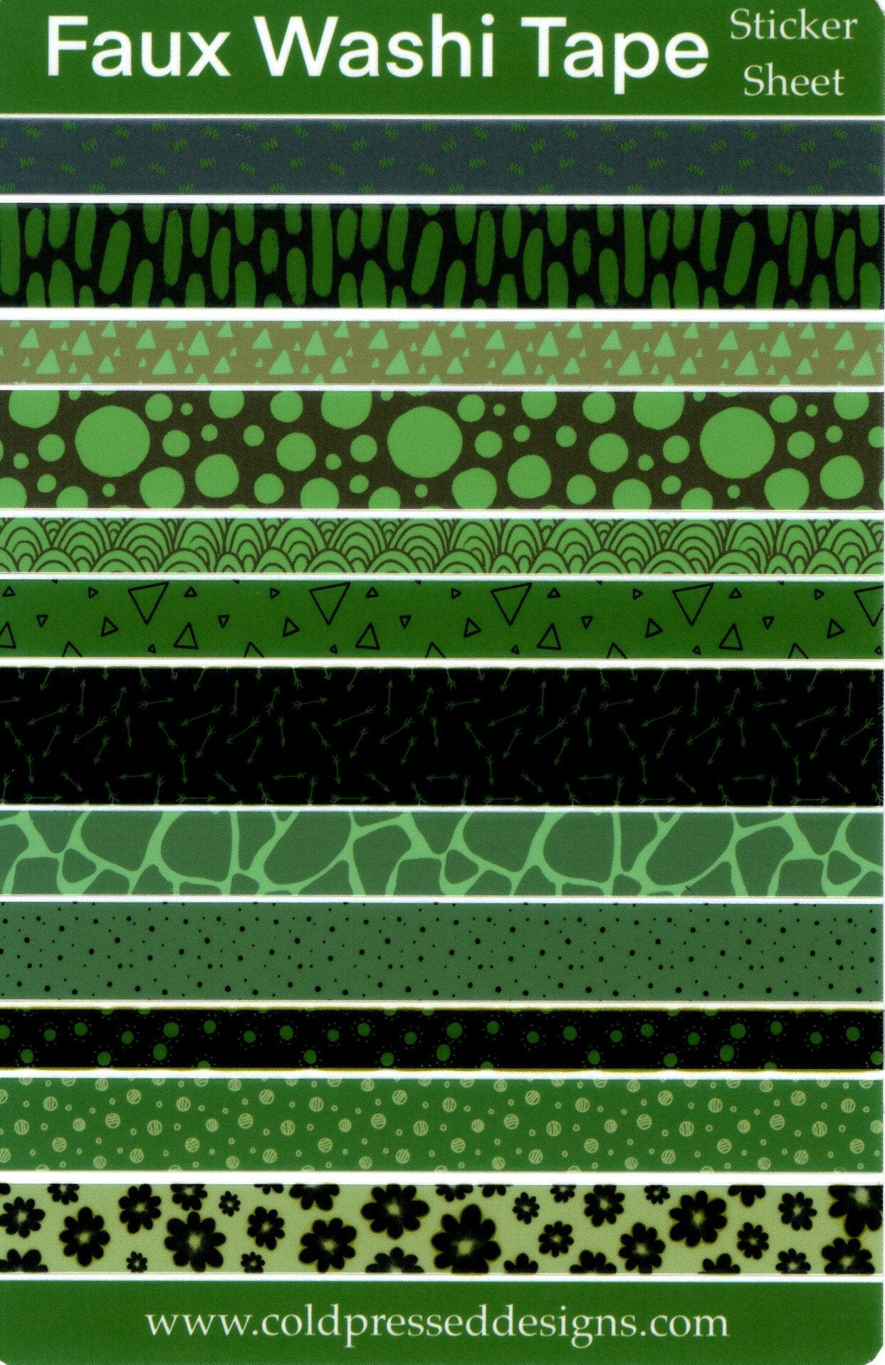 A sticker sheet of strips of faux washi tape in green.