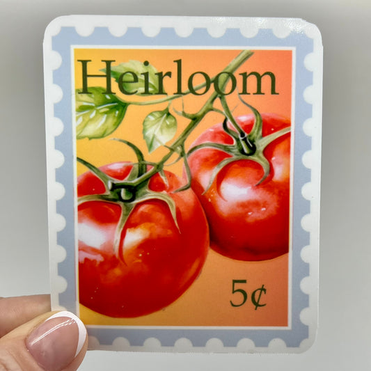A vinyl sticker with an image of heirloom tomatoes and the price '5 cents' on a postage stamp style background.