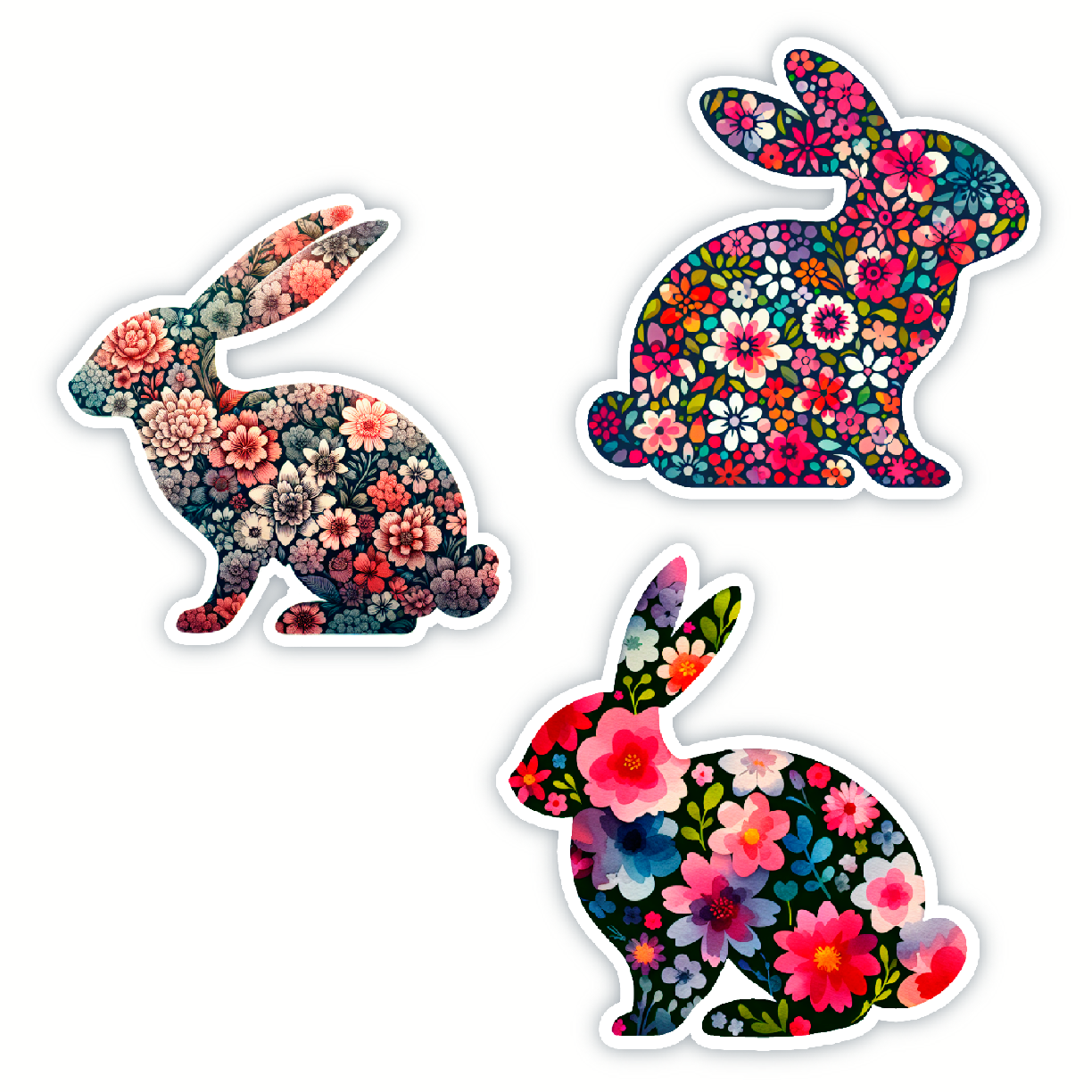 Three floral rabbit-shaped stickers on a white background