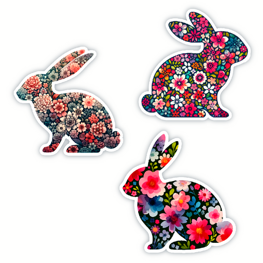 Three floral rabbit-shaped stickers on a white background