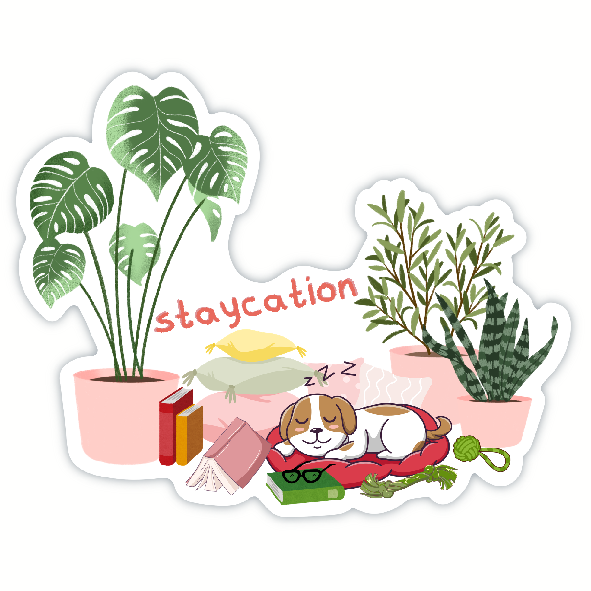 Sticker with a dog, books, and plants with 'staycation' text on a white background