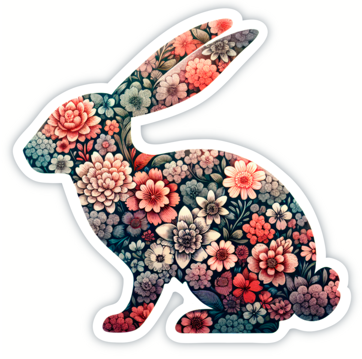 Vinyl Sticker; Floral Rabbit Silhouette, 3X2.75"+