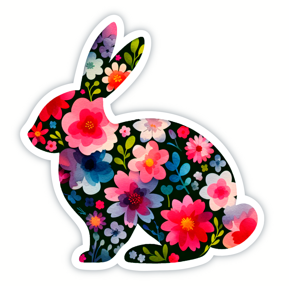 Vinyl Sticker; Floral Rabbit Silhouette, 3X2.75"+