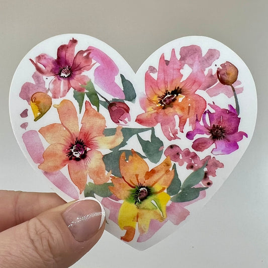 Vinyl Sticker; Watercolor Flowers Heart, 2X1.8"+