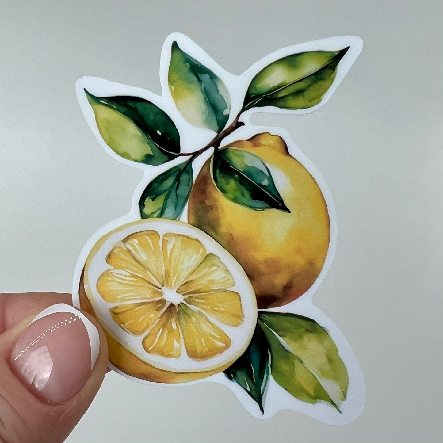 Vinyl Sticker; Yellow Watercolor Lemon and Leaves, 3"X2"