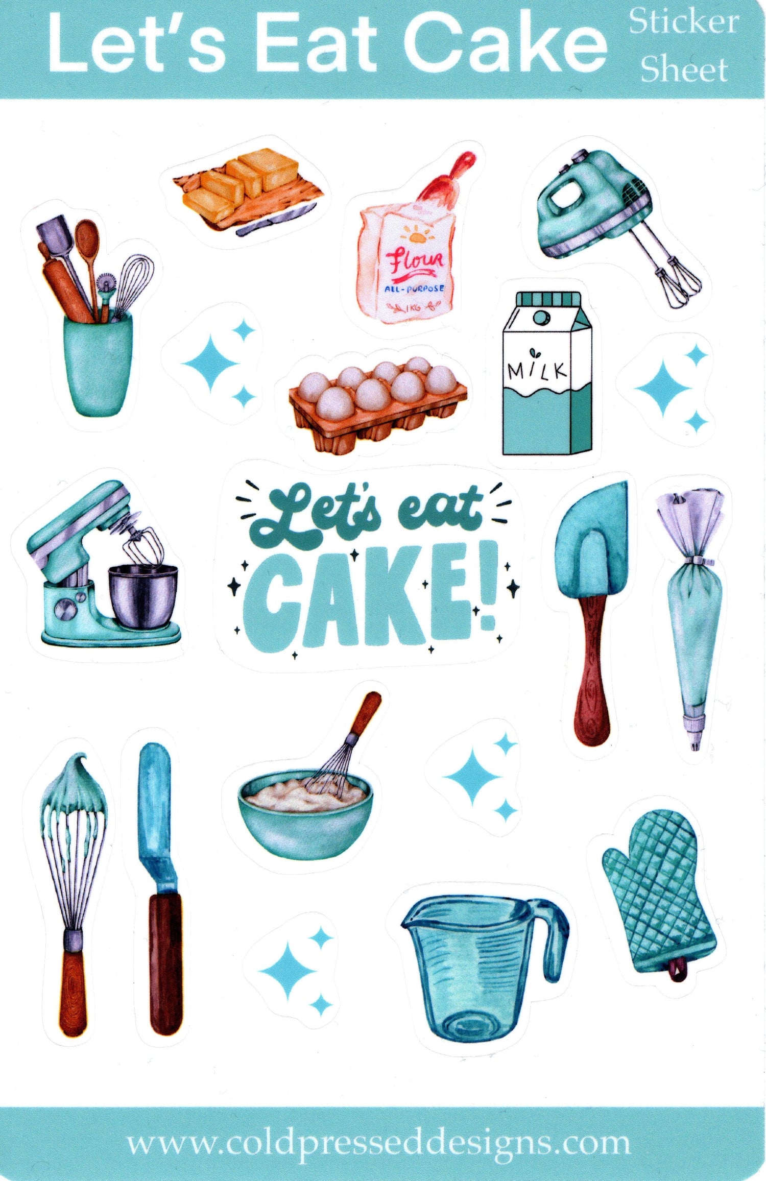 Sticker sheet with stickers of objects used for baking such as a stand mixer, milk, oven mitt, eggs, hand mixer, flour, butter, whisk, spatula, piping bag and measuring cup.