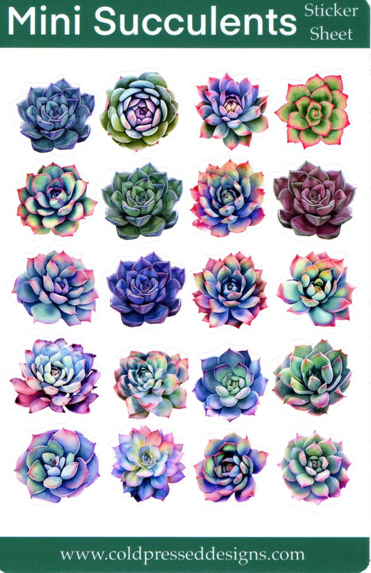 A sticker sheet with 20 mini succulent plant pictures.