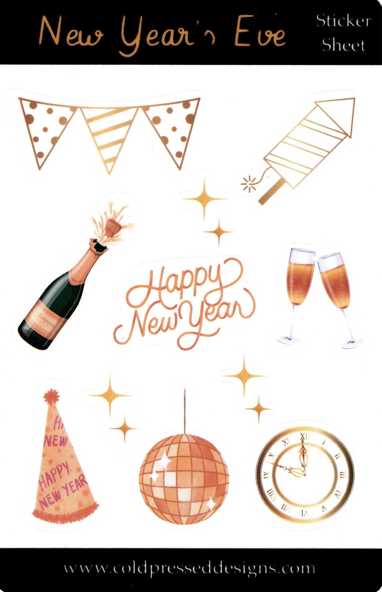 A sticker sheet of items from New Years Eve for journaling