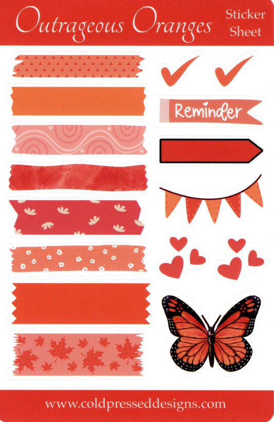 A sticker sheet of orange items to use while journaling