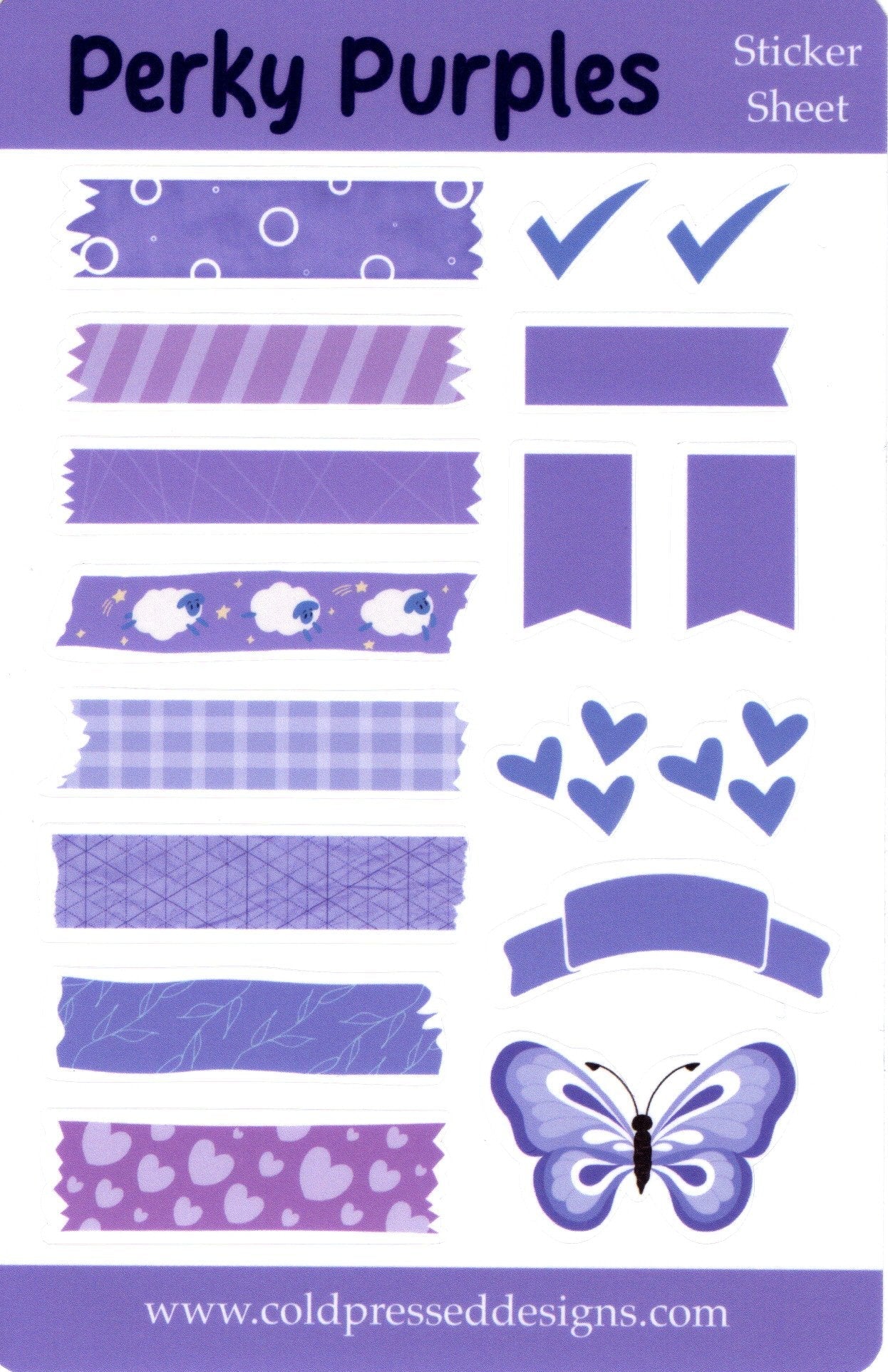 A sticker sheet with purple items to use while journaling