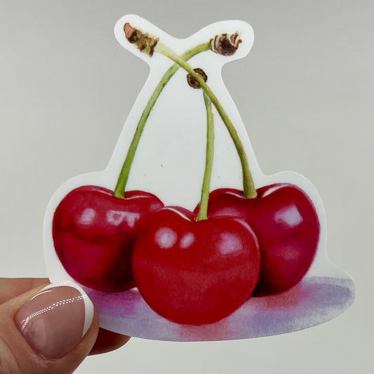 Vinyl Sticker; Red Watercolor Cherries, 3X2.9"
