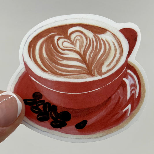 Vinyl Sticker; Red Watercolor Coffee Latte, 3X2.5"