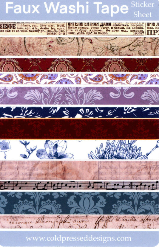 A sticker sheet with strips of faux washi tape with Victorian print.