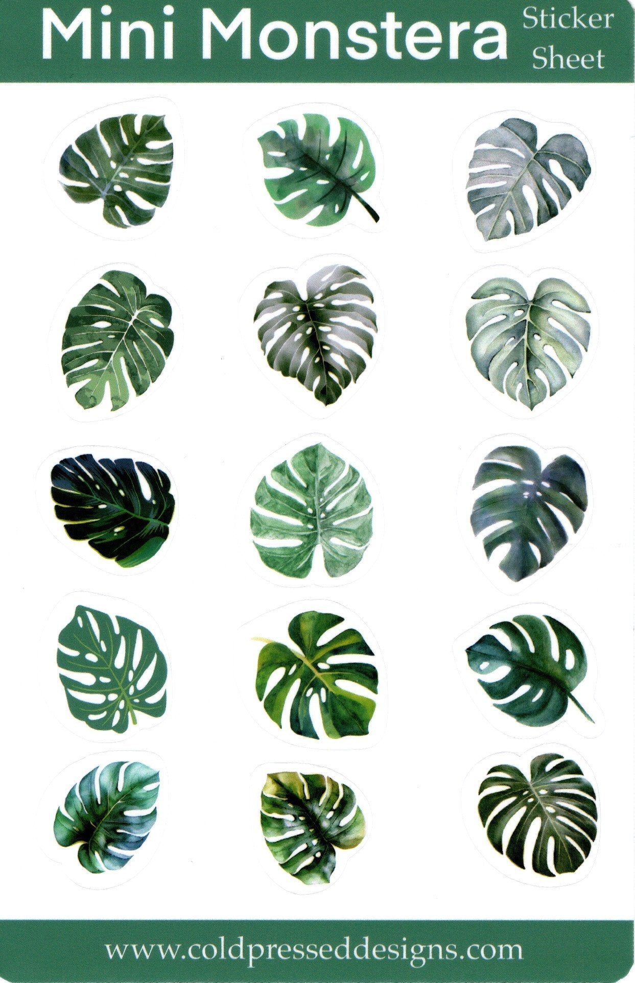 A sticker sheet with fifteen mini monstera leaves stickers.