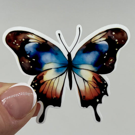 Vinyl Sticker; Blue and Orange Watercolor Butterfly, 2.5X2"