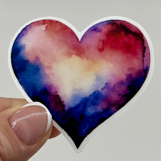 Vinyl Sticker; Blue and Red Watercolor Heart, 2.5X2.3"