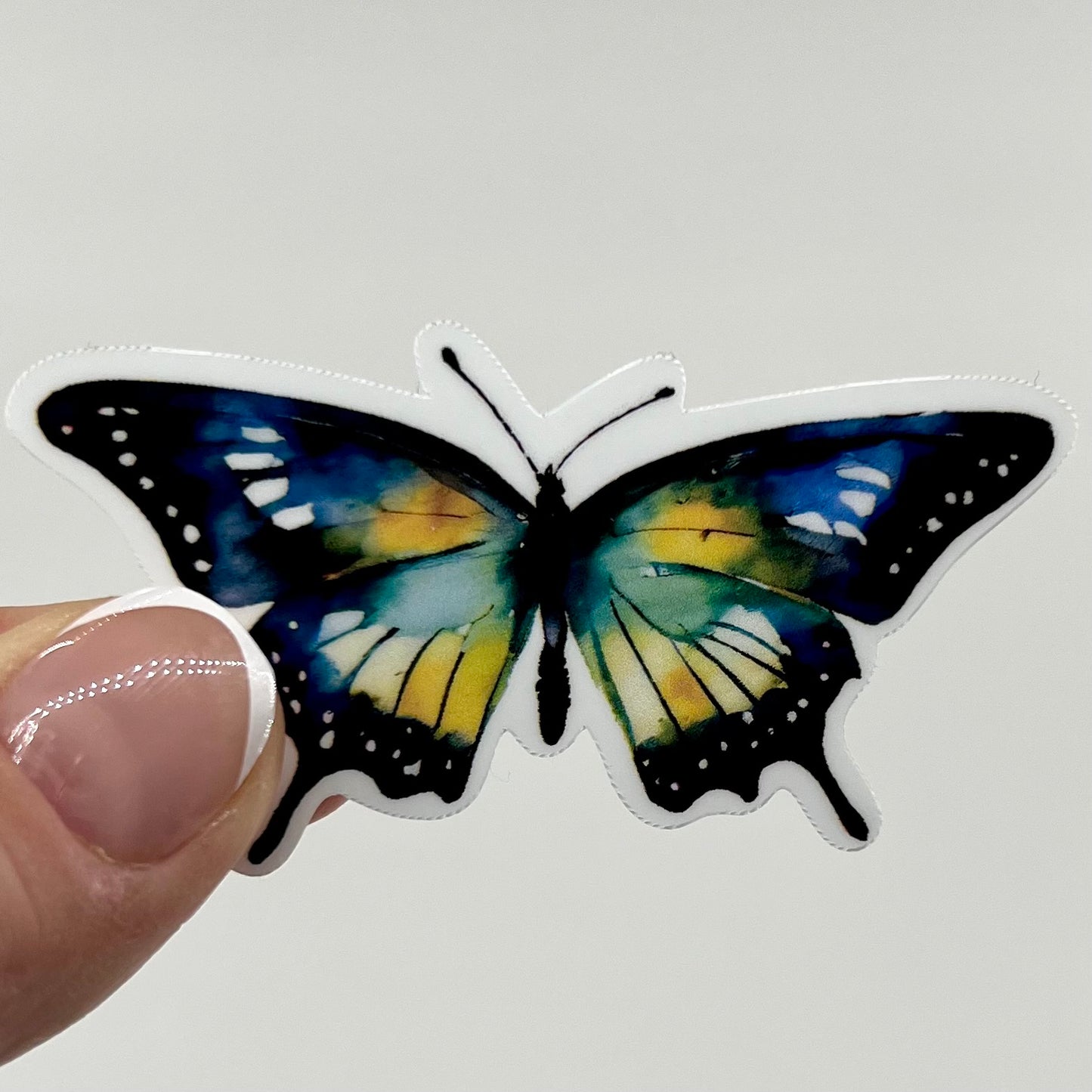 Vinyl Sticker; Blue and Yellow Watercolor Butterfly, 2.5X2.3"