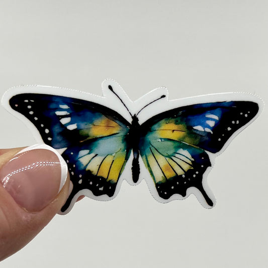 Vinyl Sticker; Blue and Yellow Watercolor Butterfly, 2.5X2.3"