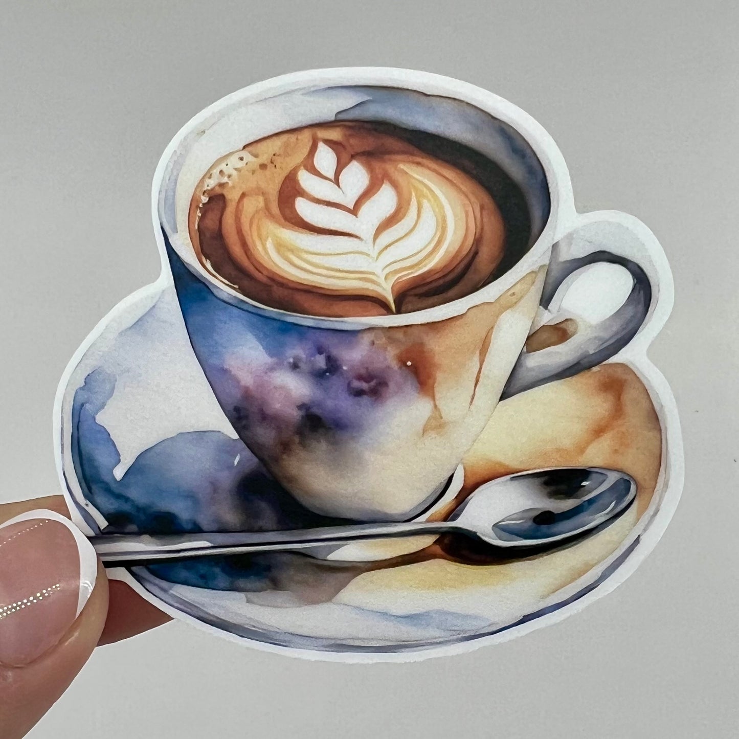 Vinyl Sticker; Watercolor Cafe Latte Coffee, 3X2.6"