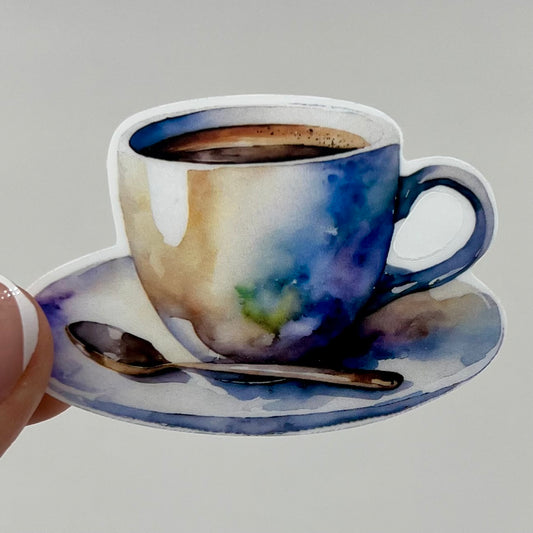Vinyl Sticker; Watercolor Coffee Cup and Saucer, 2.5X1.6"