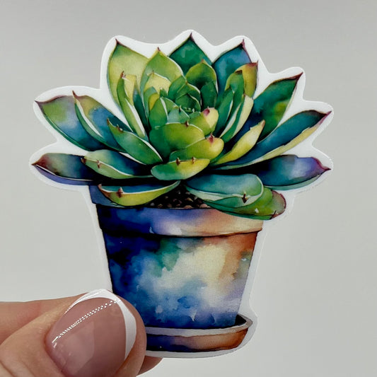 Vinyl Sticker; Watercolor Succulent Plant in Blue Planter, 2.5X2.3"