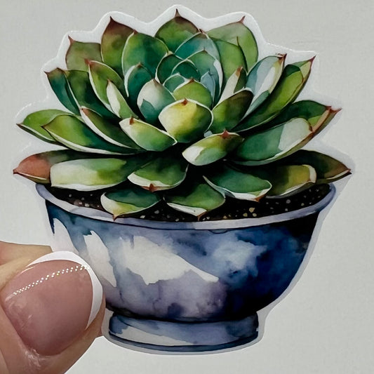Vinyl Sticker; Watercolor Succulent Plant in Blue Pot, 2.5X2.5"