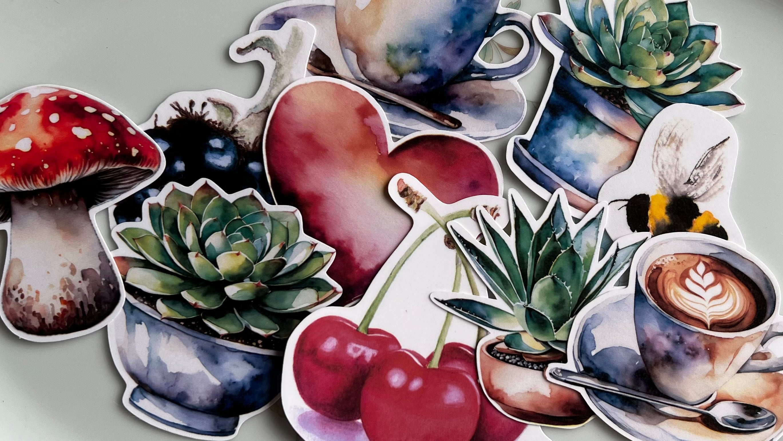 A group of vinyl stickers which were digitally designed to appear to be waterpainted.
